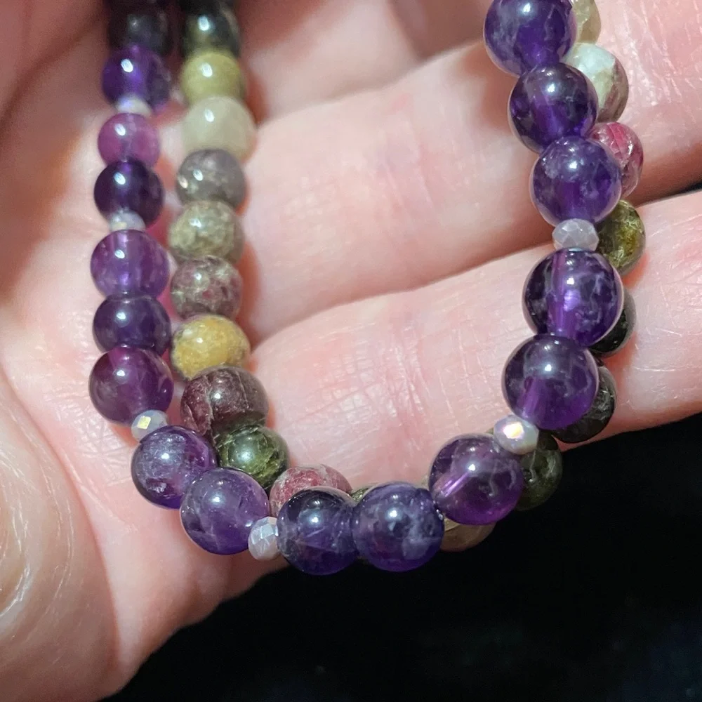 Handcrafted Natural Amethyst Natural Tourmaline double strand Beaded Bracelet